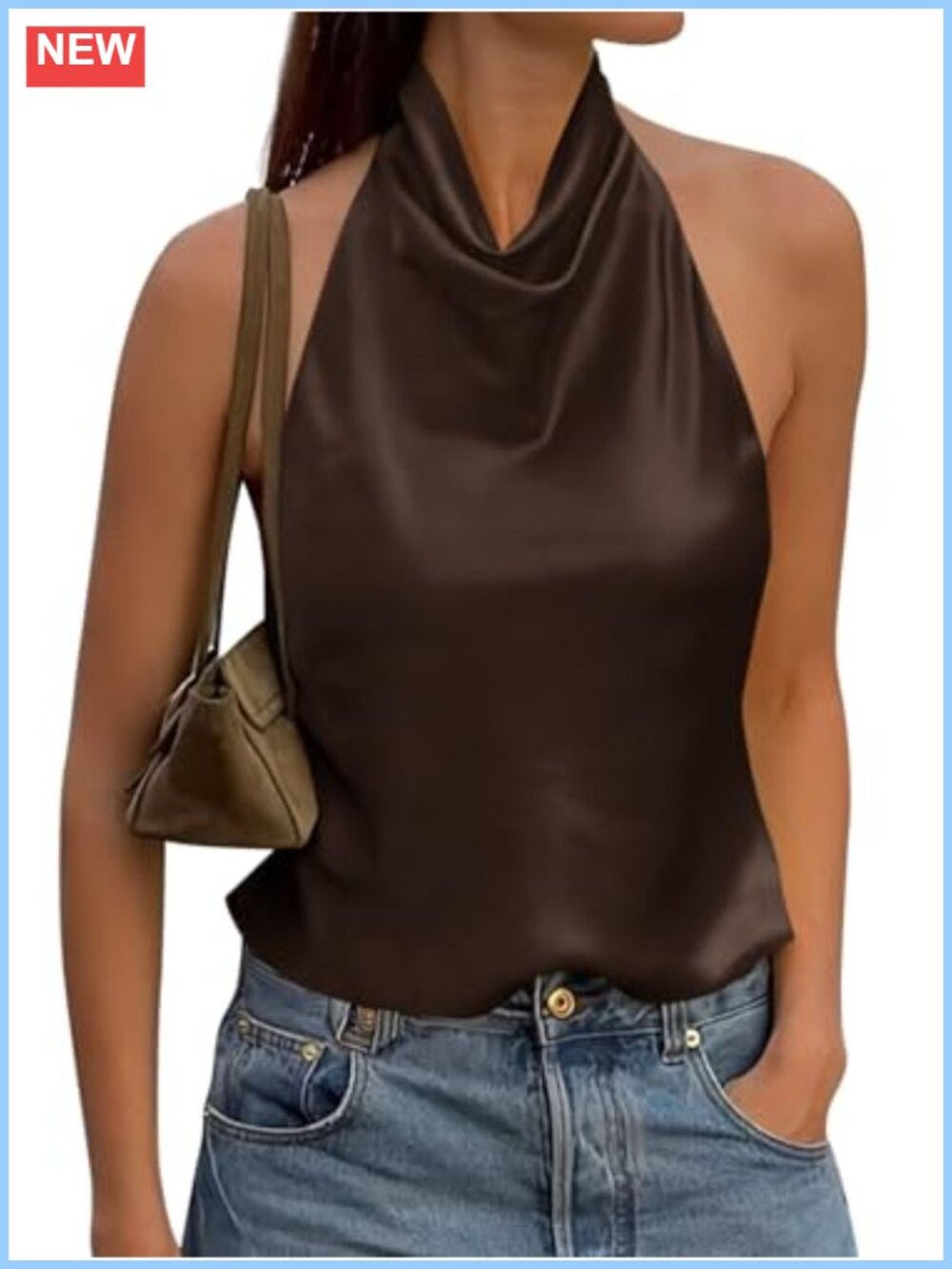 Women's Satin Halter Top Y2K Mock Neck Backless Tank